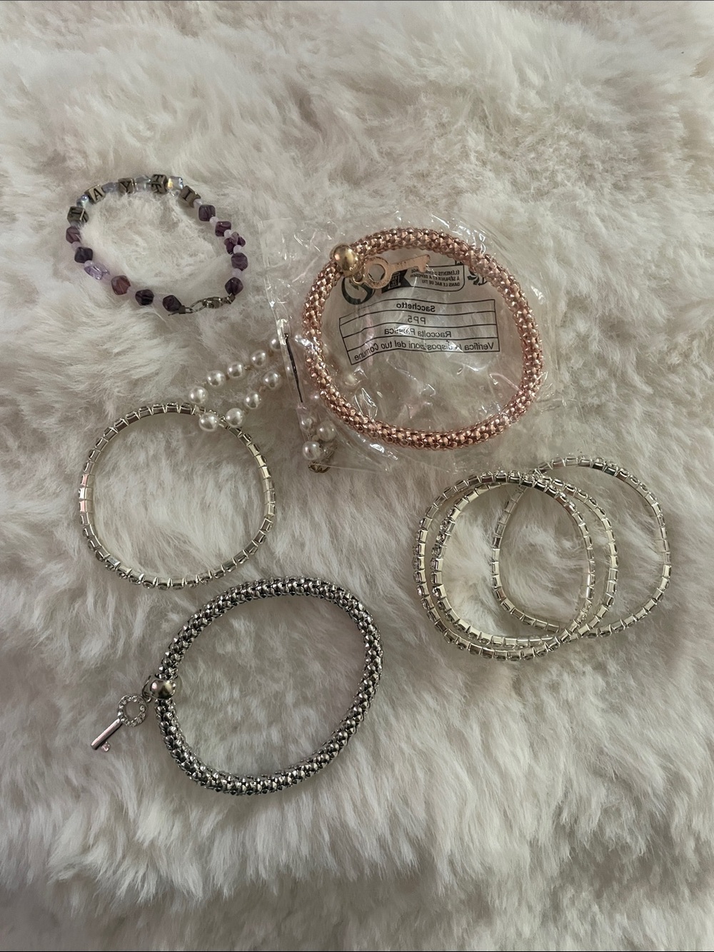 Mixed Metal and Pearl Stretch Bracelet Set - Silver, Rose Gold, Purple